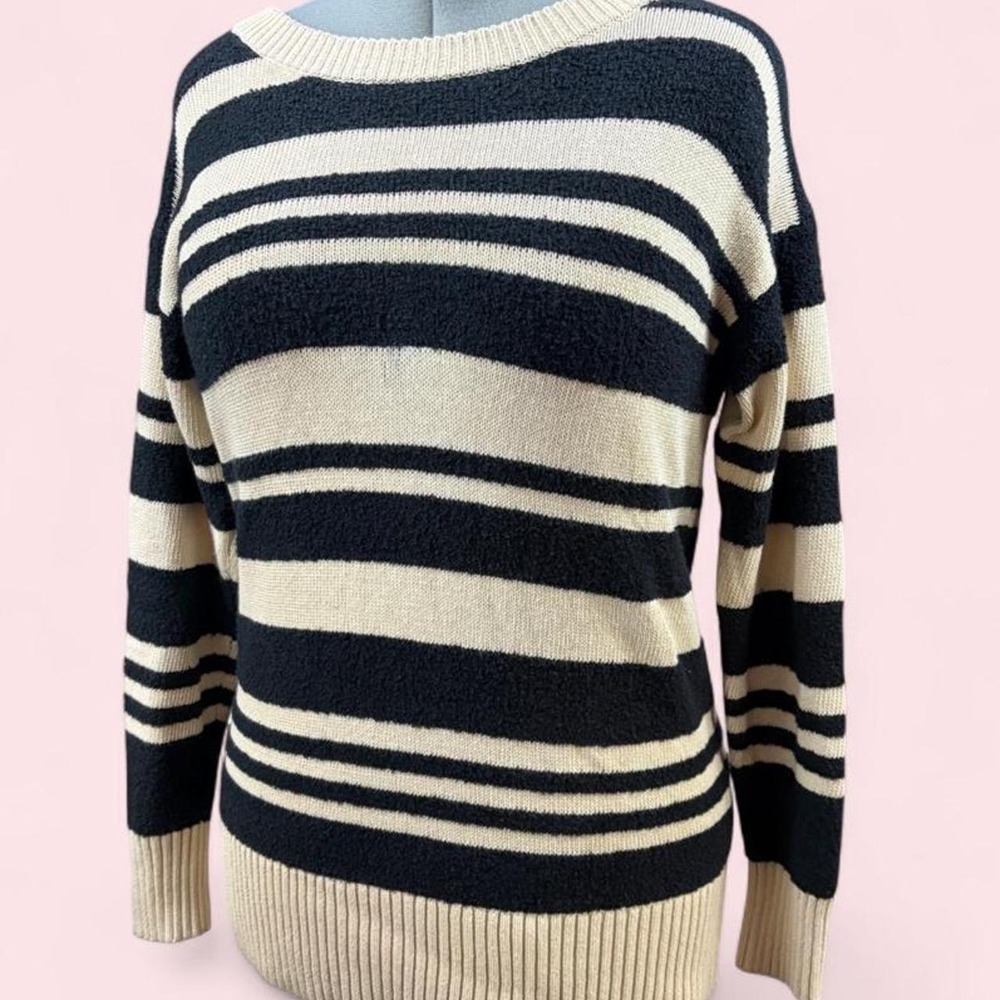 Lou & Grey XS Black Cream Striped Knit Sweater Long Sleeve Relaxed Crewneck